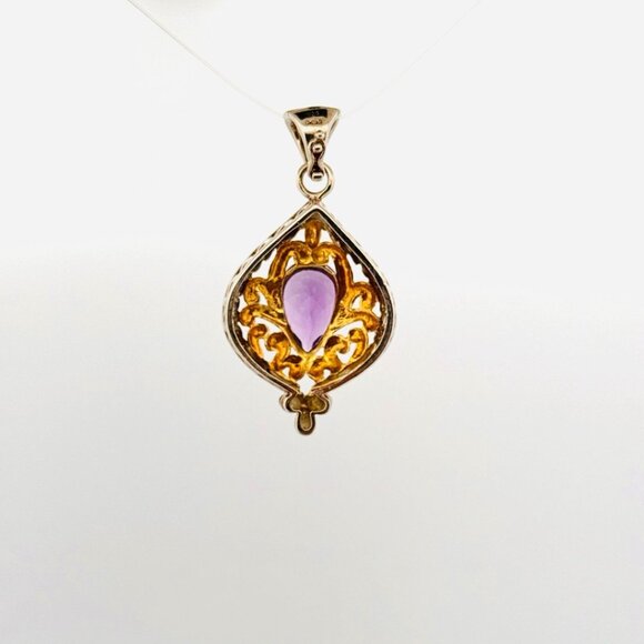 Estate Sterling Silver 925 Gold Tone Filigree Pendant w/ Pear Amethyst Gemstone - Picture 3 of 9